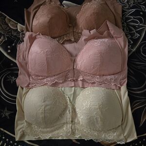 Elegant Lace Trimmed Bra Set - Brown, Pink, Cream